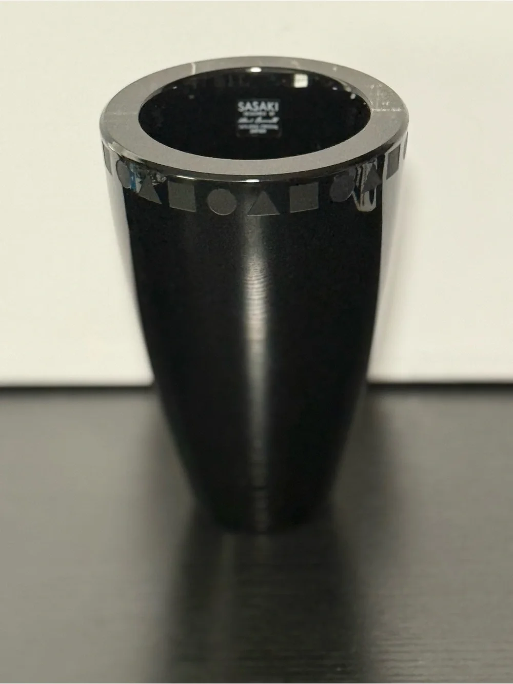 Vintage Black Crystal Vase by Ward Bennett for Sasaki w/Etched Geometric Band